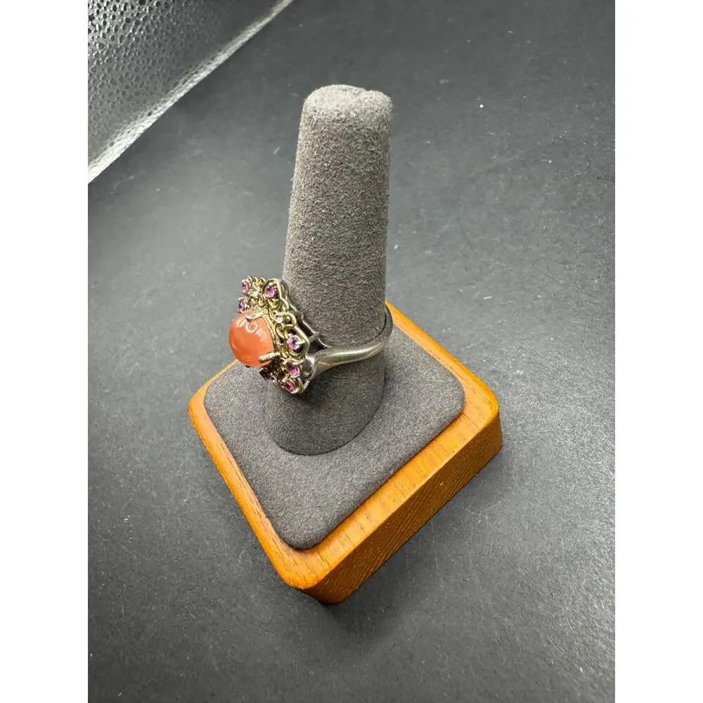 STS Chuck Clemency Sterling Silver Gold Tone Peach Moonstone Rhodolite Ring Sz 9